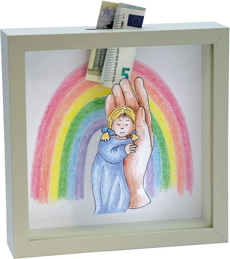 Spardose - Kind in Hand mit Regenbogen