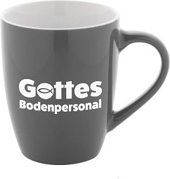Keramiktasse Gottes Bodenpersonal, grau